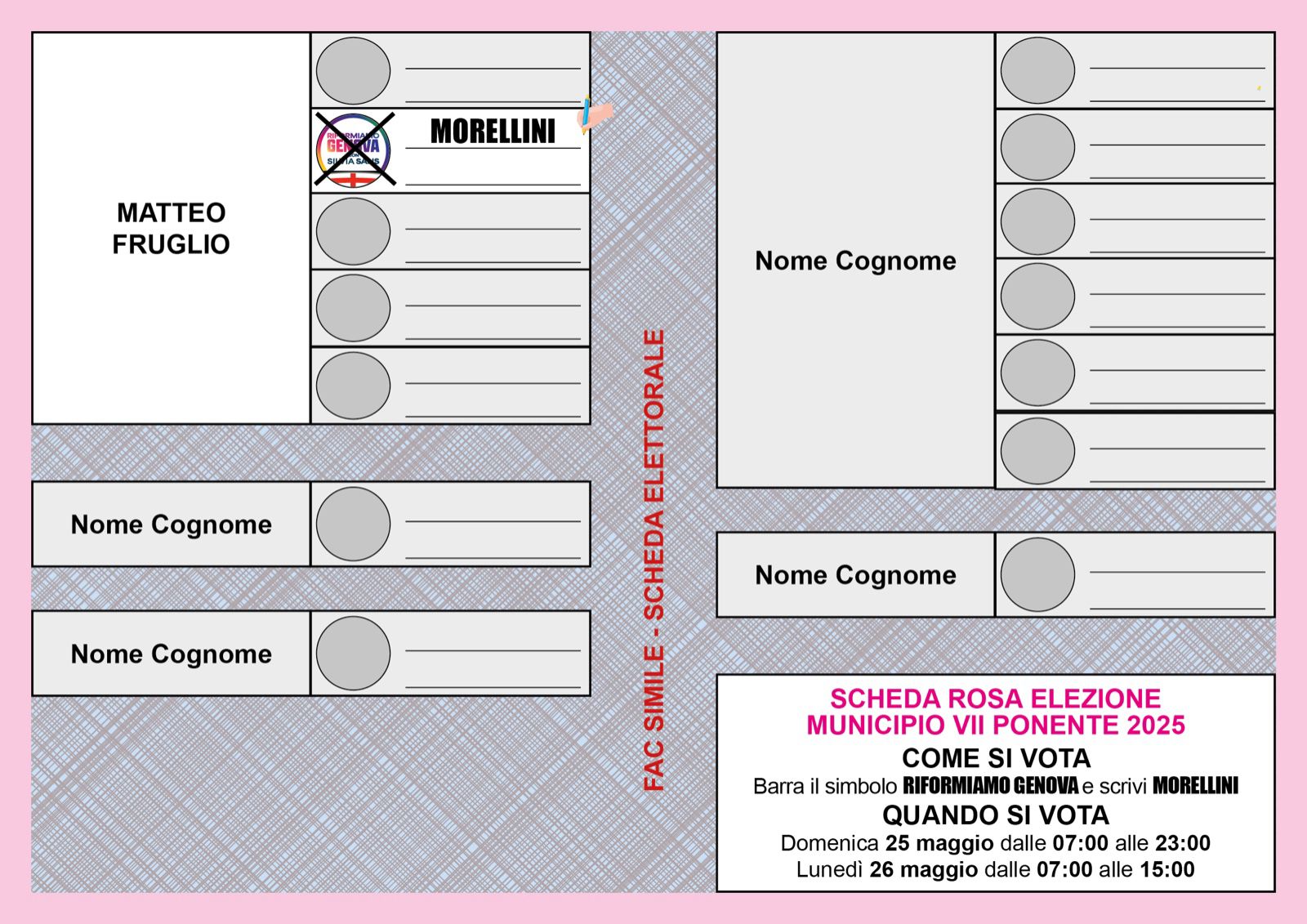 Scheda Rosa elezione municipio VII Ponente 2025